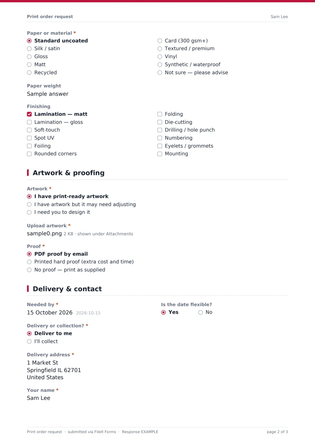 Print order request — example response PDF, page 2 of 3