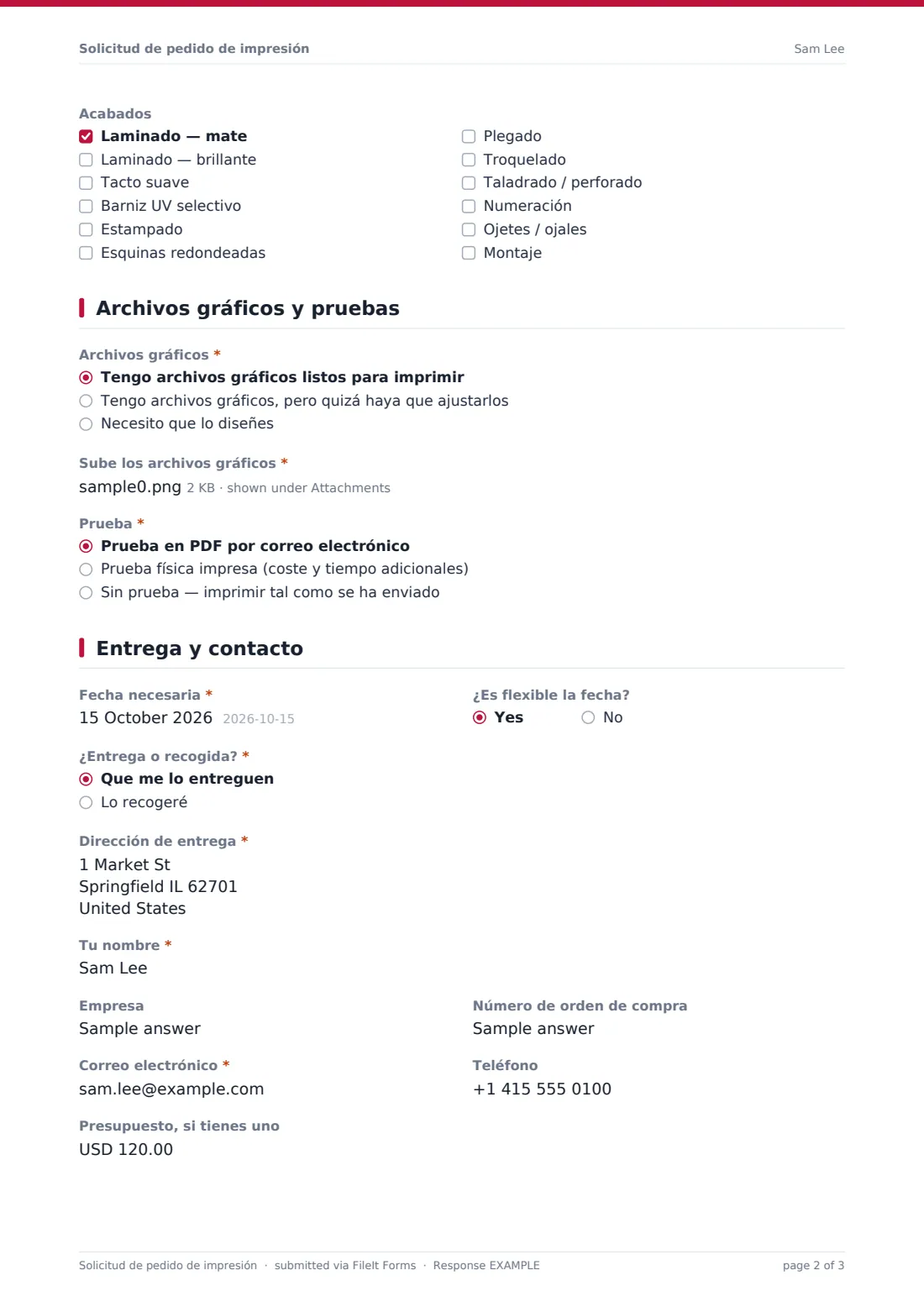 Solicitud de pedido de impresión — PDF de respuesta de ejemplo, página 2 de 3