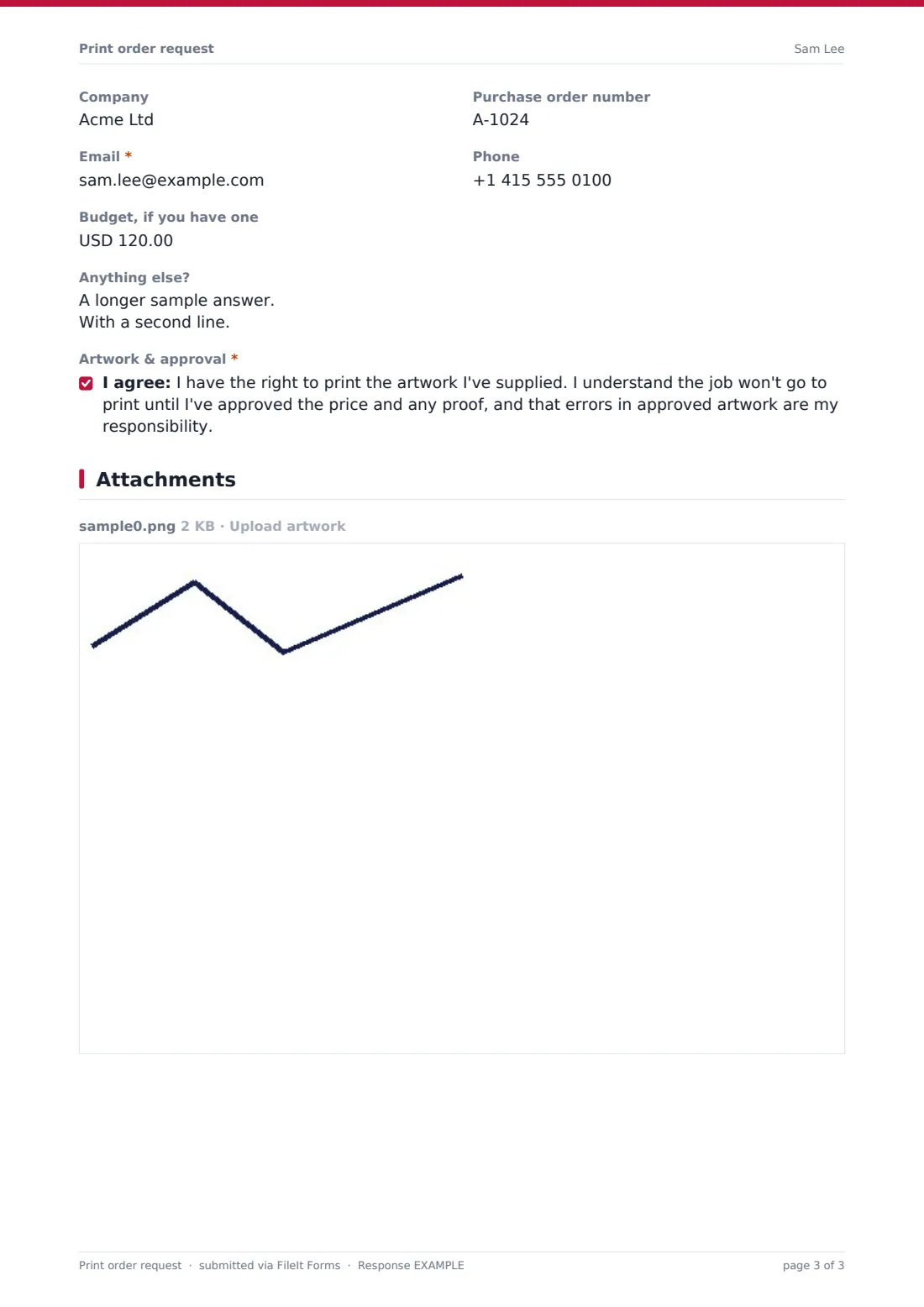 Print order request — example response PDF, page 3 of 3