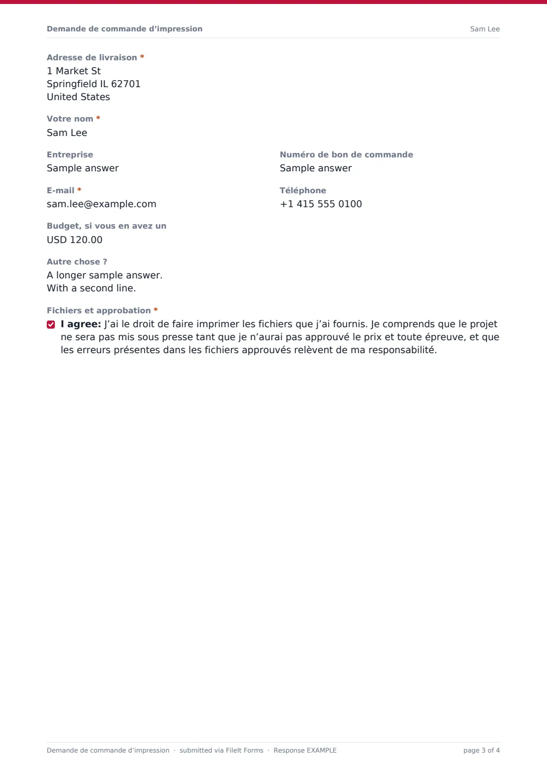 Demande de commande d’impression — exemple de réponse au format PDF, page 3 sur 4