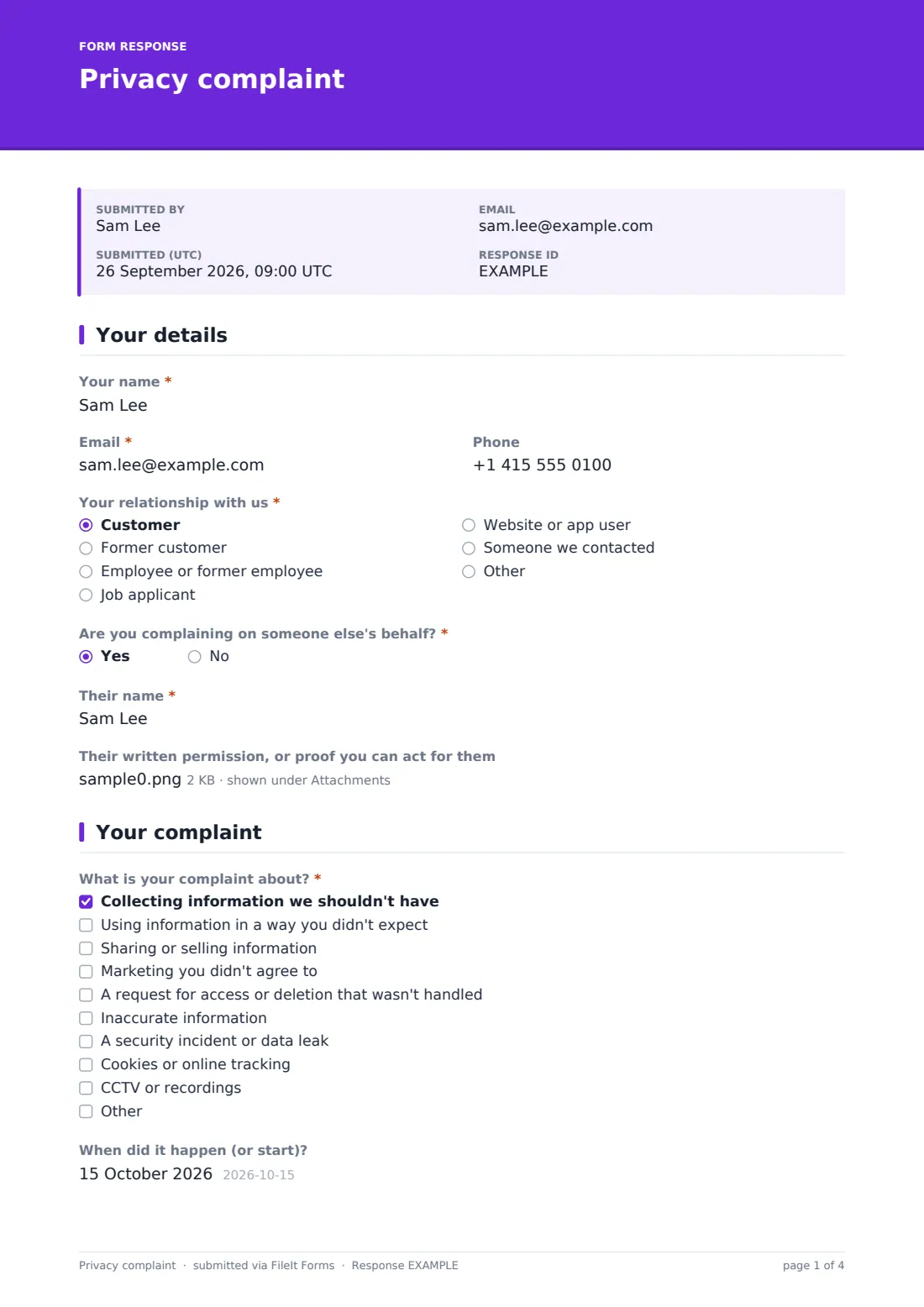 Privacy complaint — example response PDF, page 1 of 4