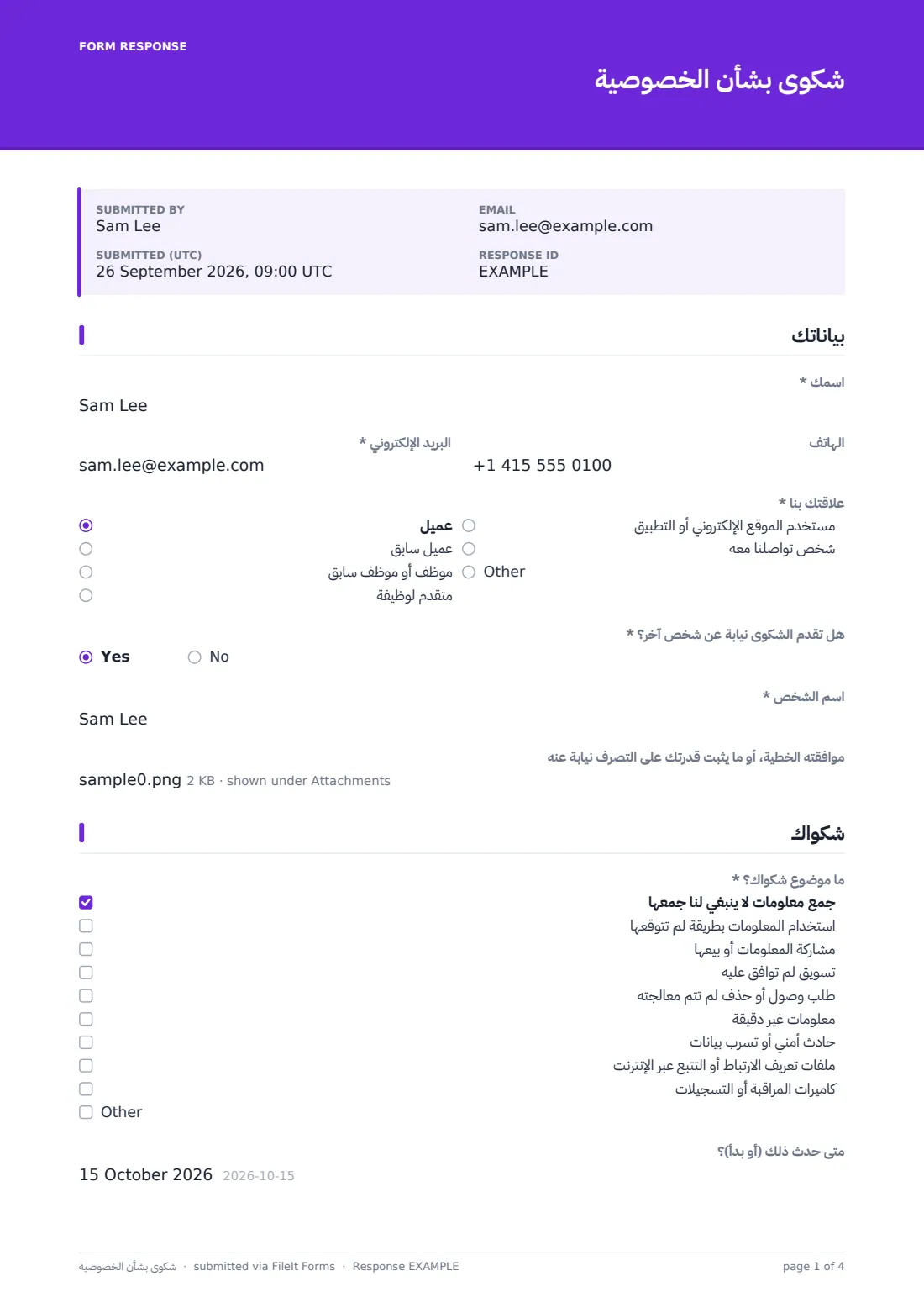 شكوى بشأن الخصوصية — ملف PDF لرد نموذجي، الصفحة 1 من 4