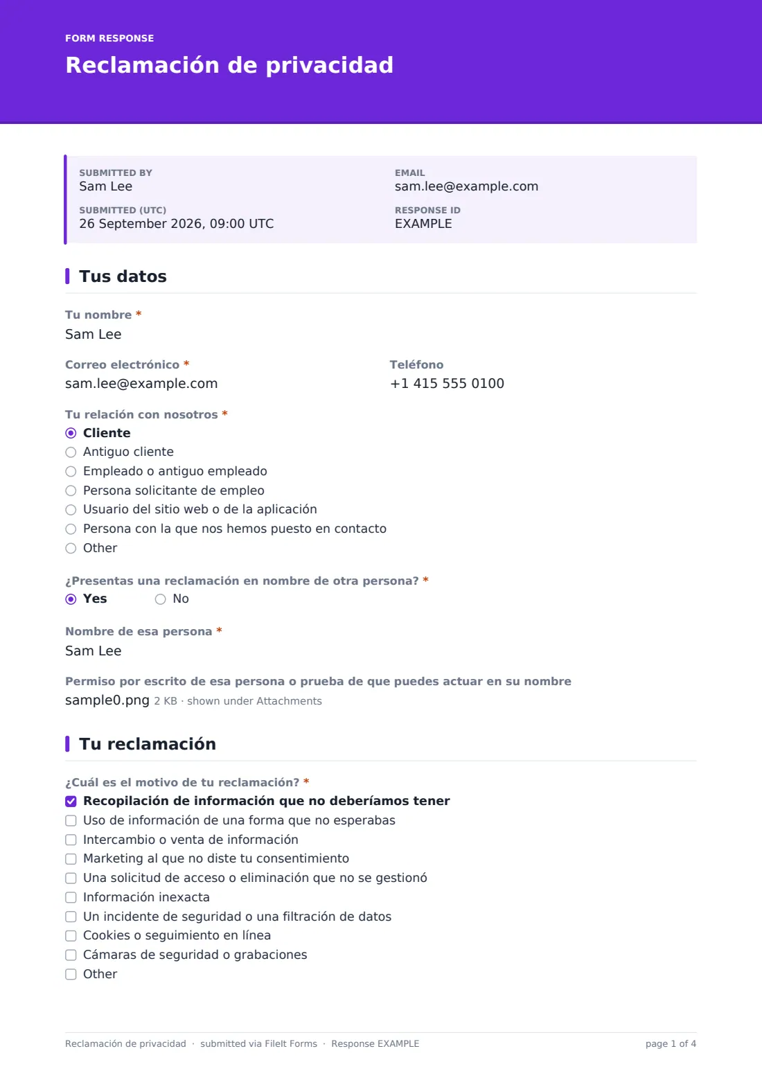 Reclamación de privacidad — PDF de respuesta de ejemplo, página 1 de 4