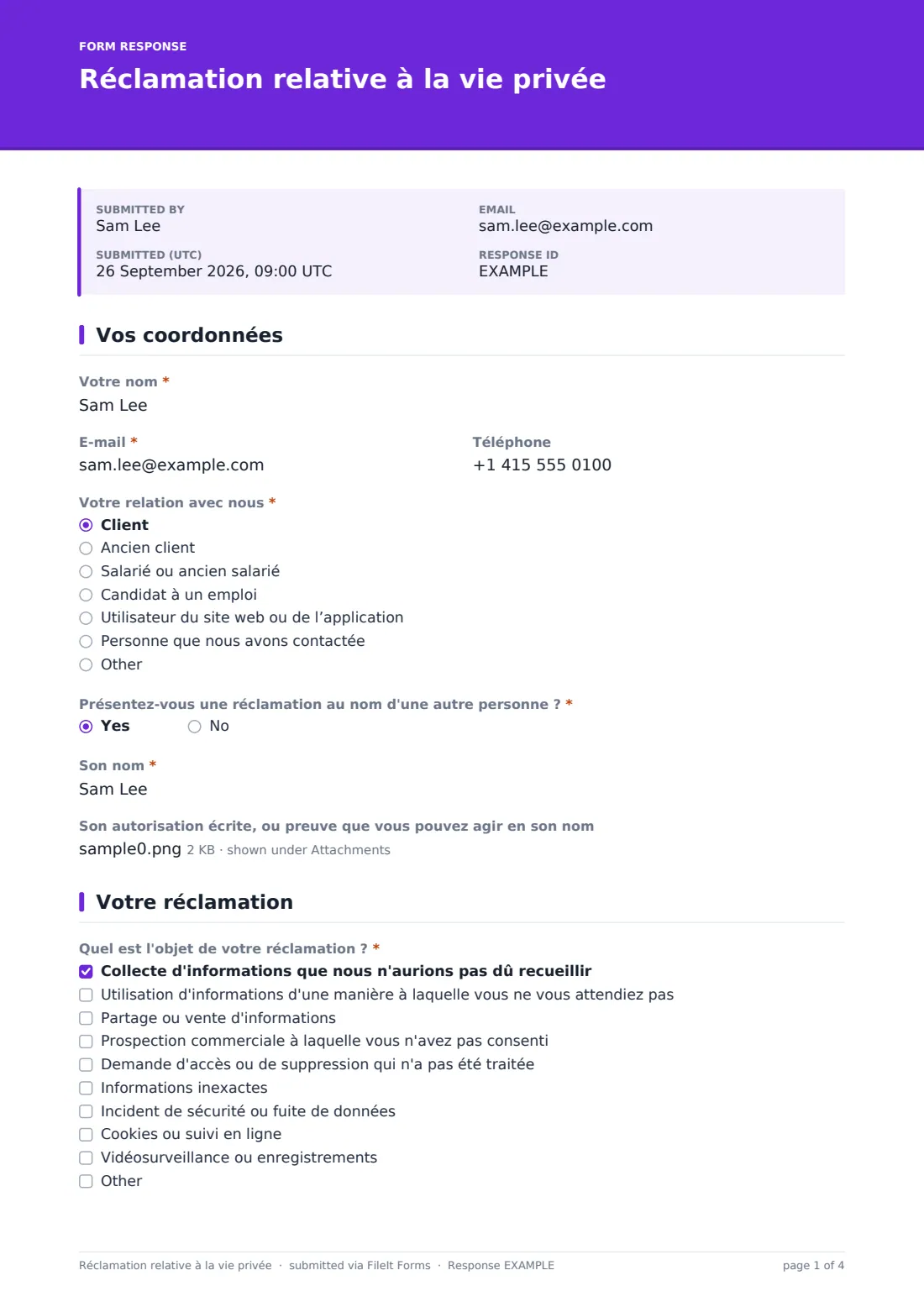 Réclamation relative à la vie privée — exemple de réponse au format PDF, page 1 sur 4