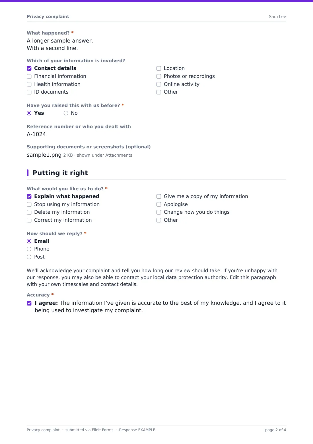 Privacy complaint — example response PDF, page 2 of 4