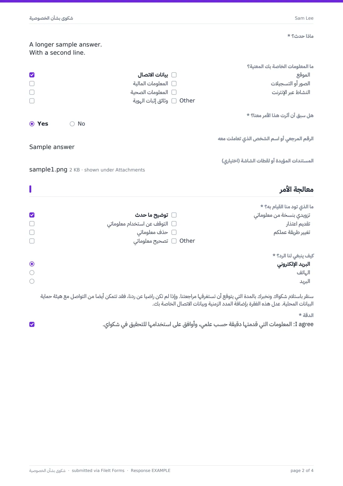 شكوى بشأن الخصوصية — ملف PDF لرد نموذجي، الصفحة 2 من 4
