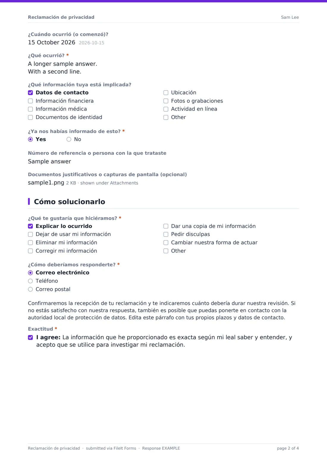 Reclamación de privacidad — PDF de respuesta de ejemplo, página 2 de 4