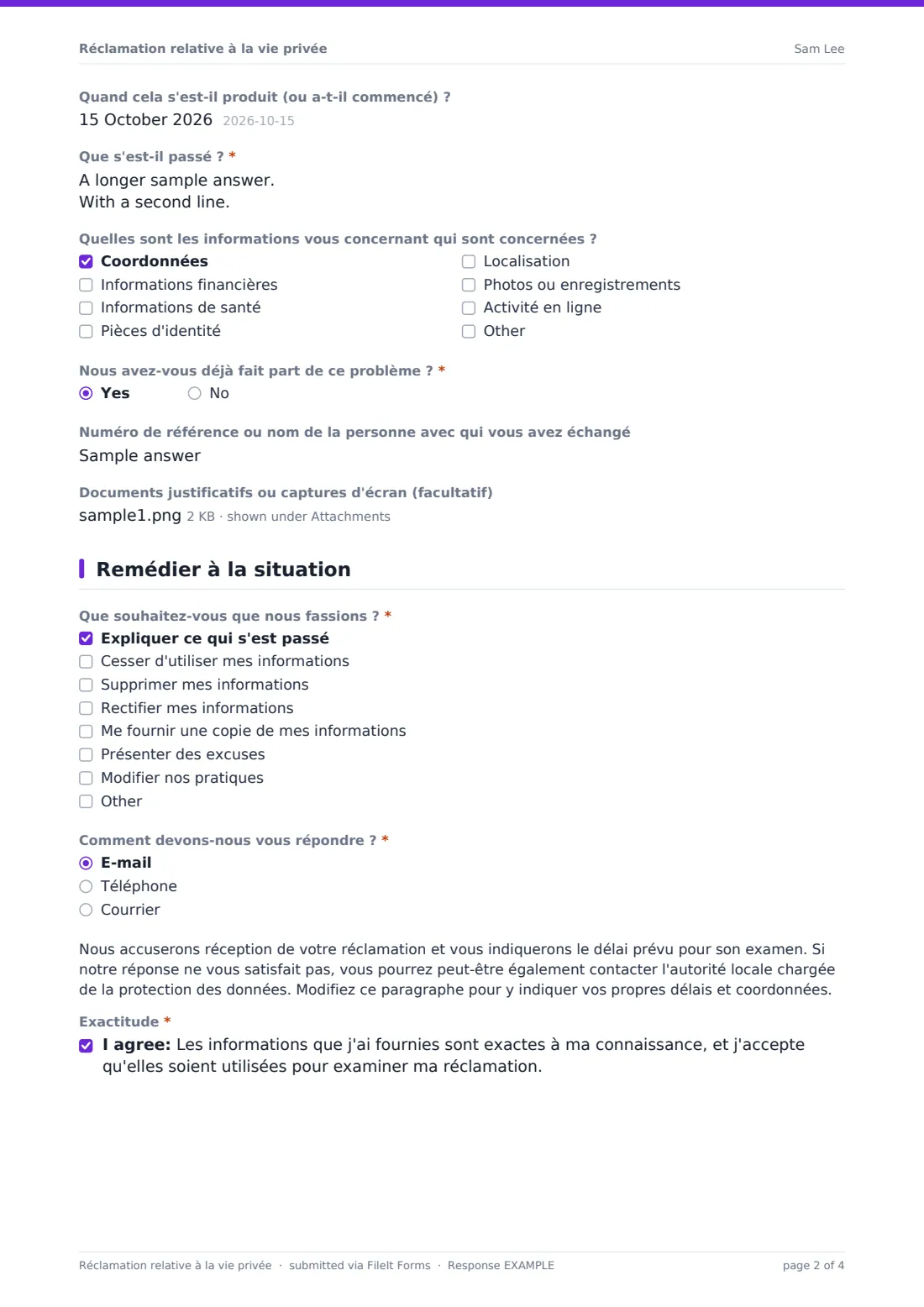 Réclamation relative à la vie privée — exemple de réponse au format PDF, page 2 sur 4