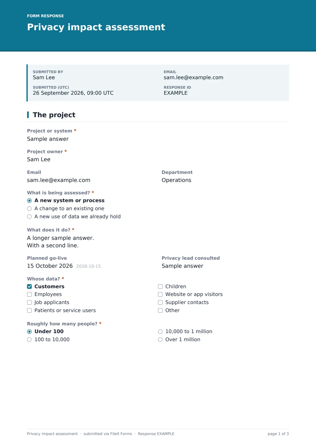Privacy impact assessment — example response PDF, page 1 of 3