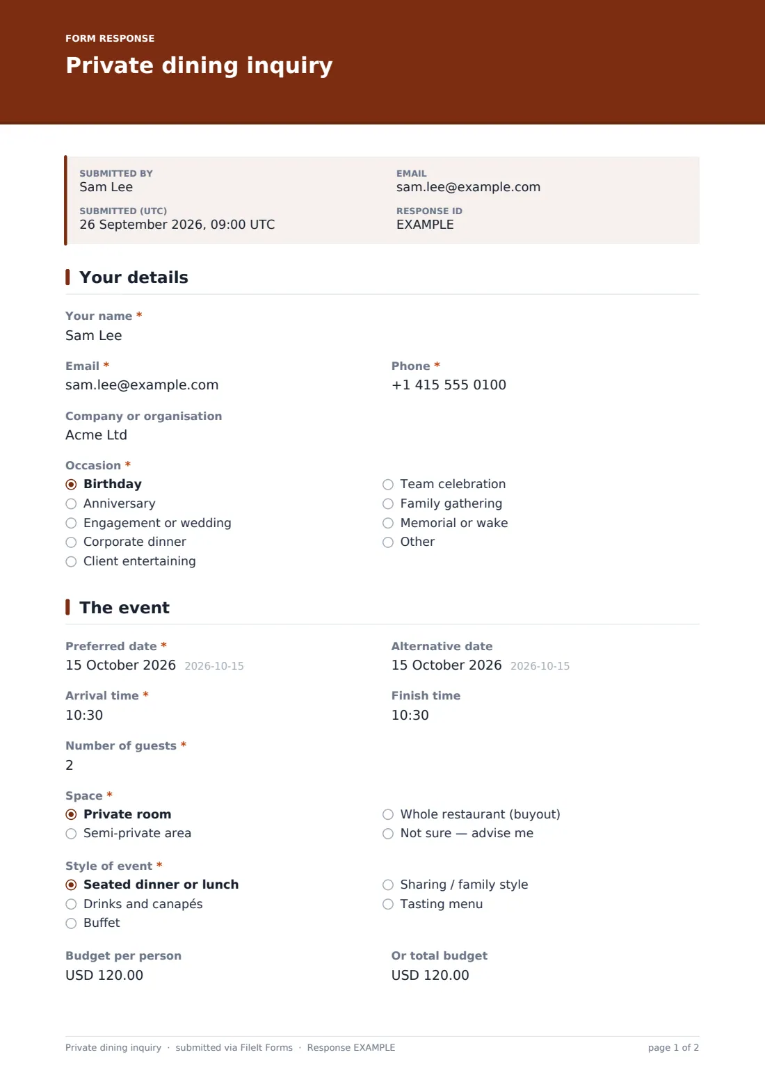Private dining inquiry — example response PDF, page 1 of 2
