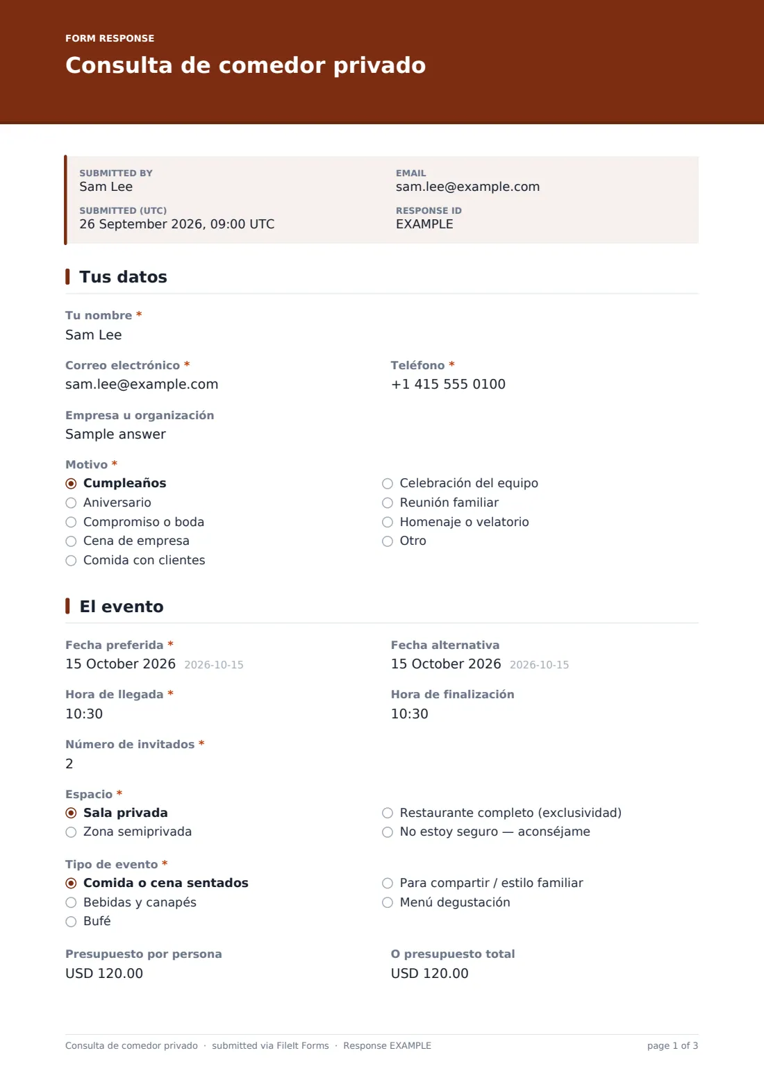 Consulta de comedor privado — PDF de respuesta de ejemplo, página 1 de 3