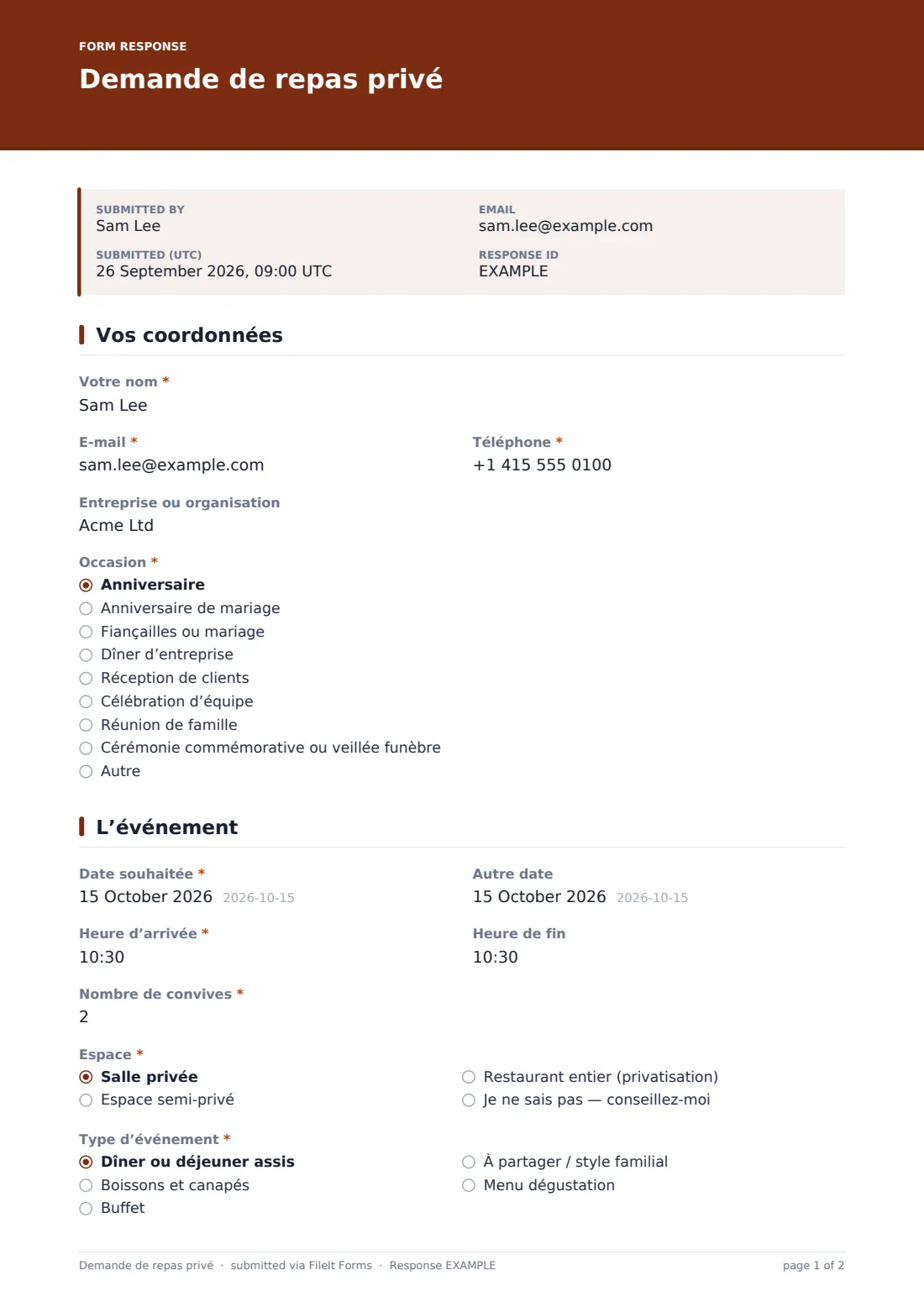 Demande de repas privé — exemple de réponse au format PDF, page 1 sur 2