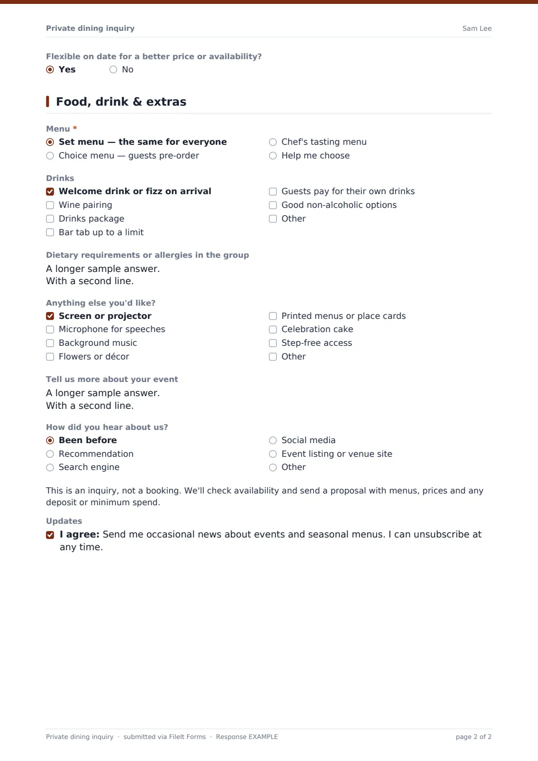 Private dining inquiry — example response PDF, page 2 of 2