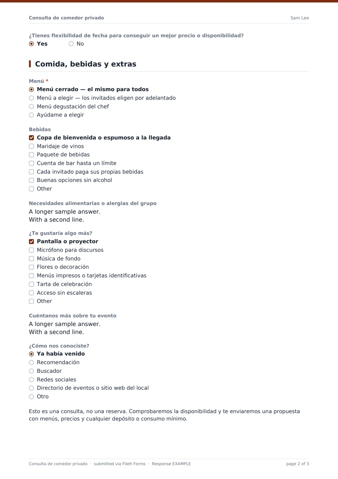 Consulta de comedor privado — PDF de respuesta de ejemplo, página 2 de 3