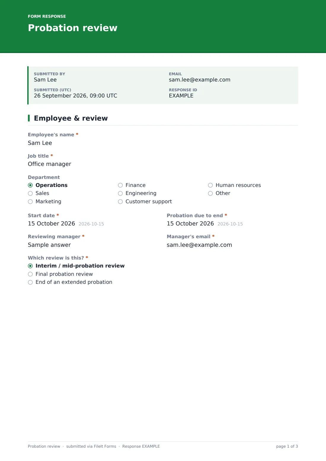 Probation review — example response PDF, page 1 of 3