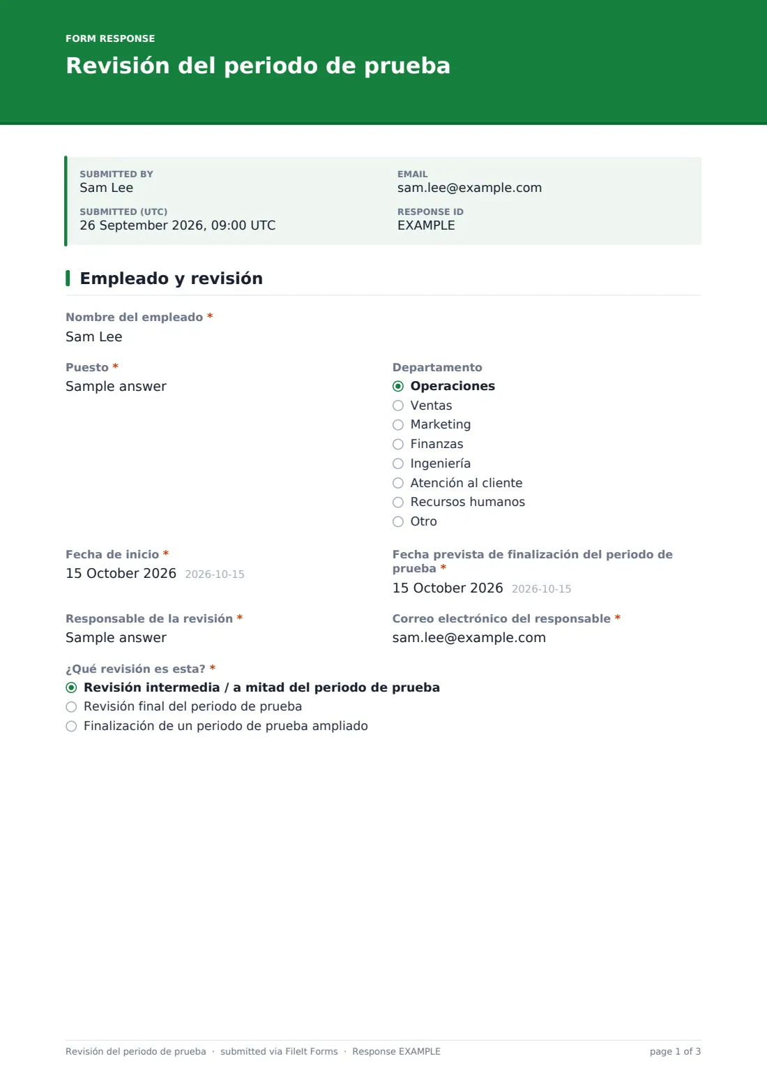 Revisión del periodo de prueba — PDF de respuesta de ejemplo, página 1 de 3