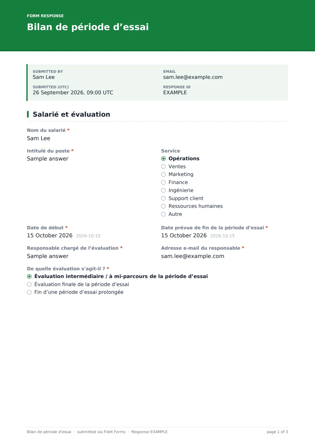 Bilan de période d’essai — exemple de réponse au format PDF, page 1 sur 3