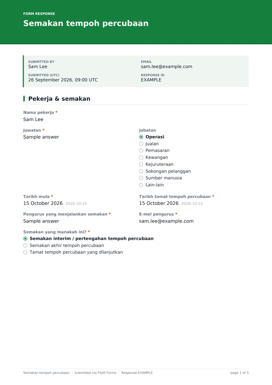 Semakan tempoh percubaan — PDF respons contoh, halaman 1 daripada 3