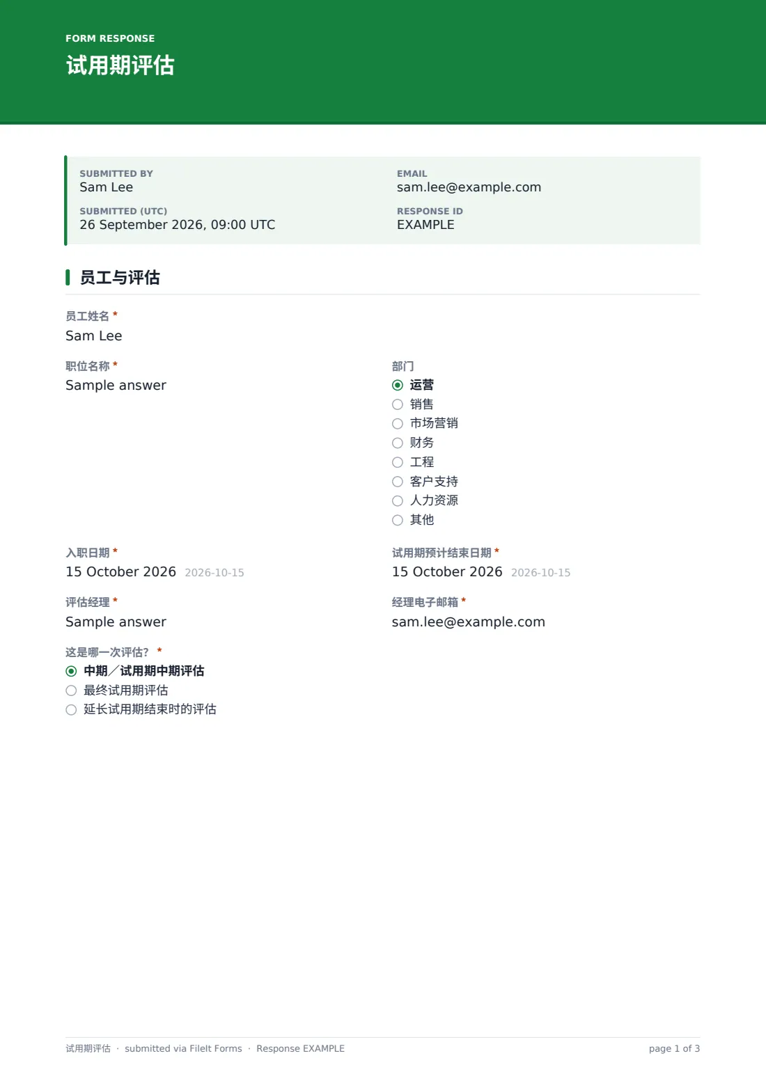 试用期评估 — 示例回复 PDF，第 1 页，共 3 页