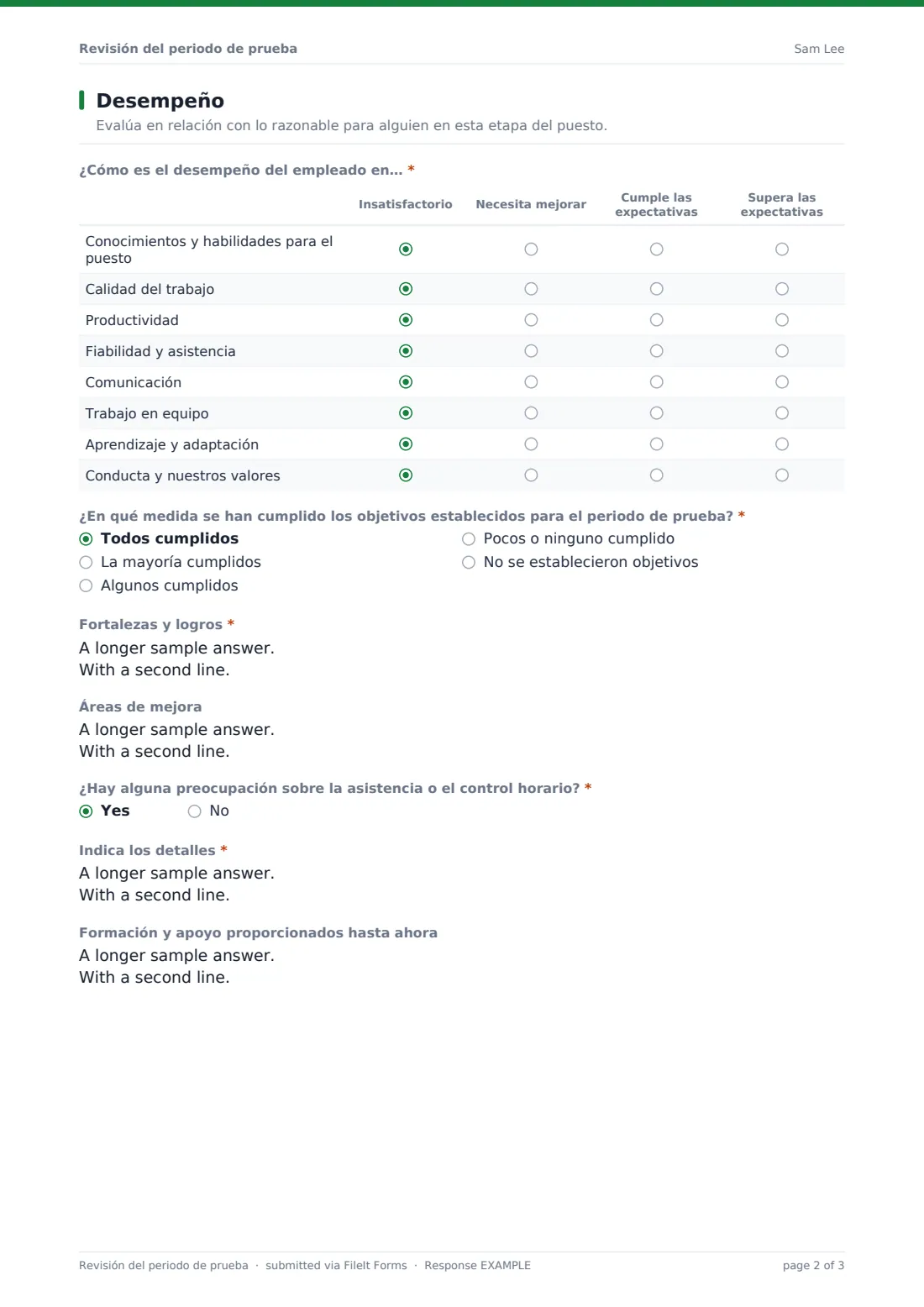 Revisión del periodo de prueba — PDF de respuesta de ejemplo, página 2 de 3