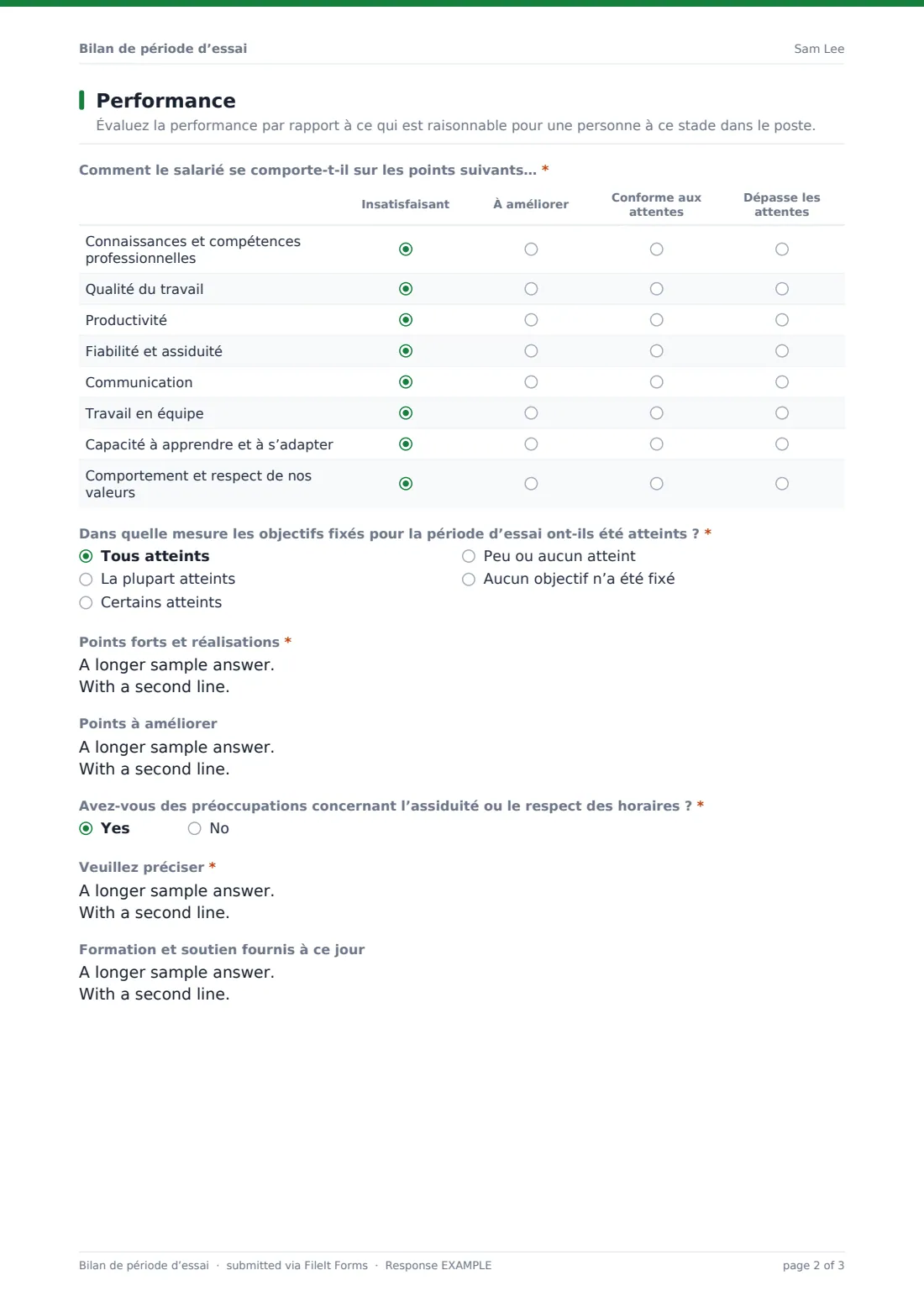 Bilan de période d’essai — exemple de réponse au format PDF, page 2 sur 3