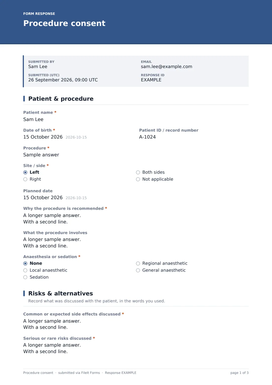 Procedure consent — example response PDF, page 1 of 3