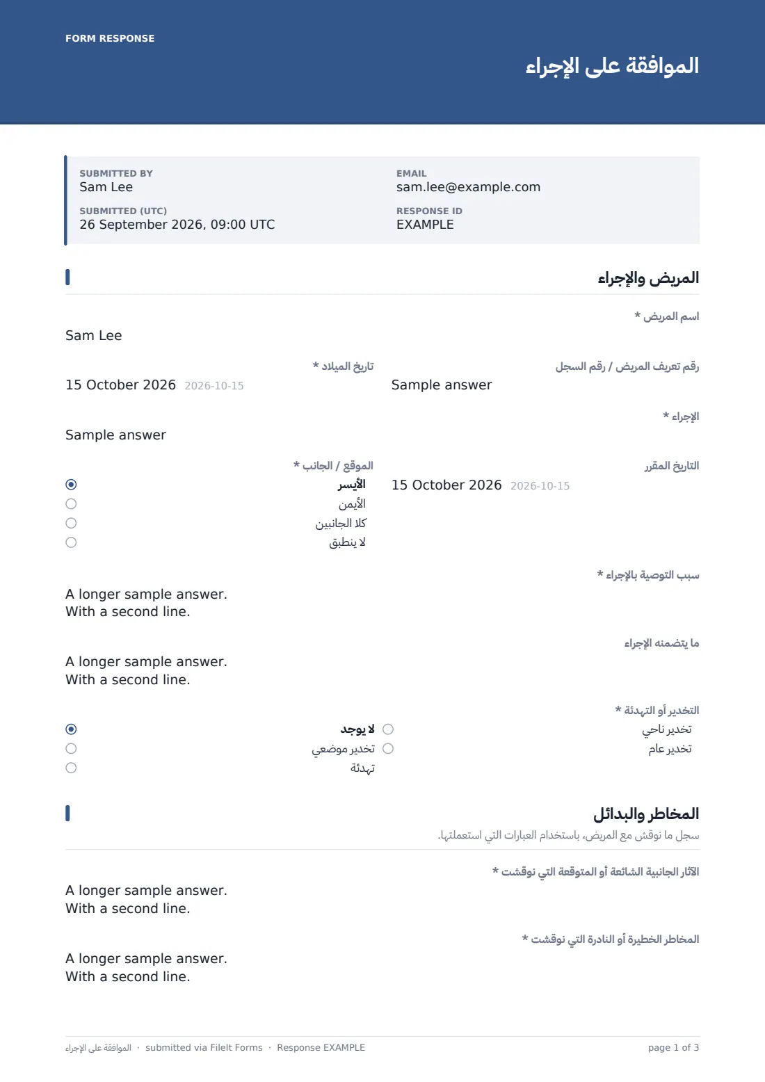 الموافقة على الإجراء — ملف PDF لرد نموذجي، الصفحة 1 من 3