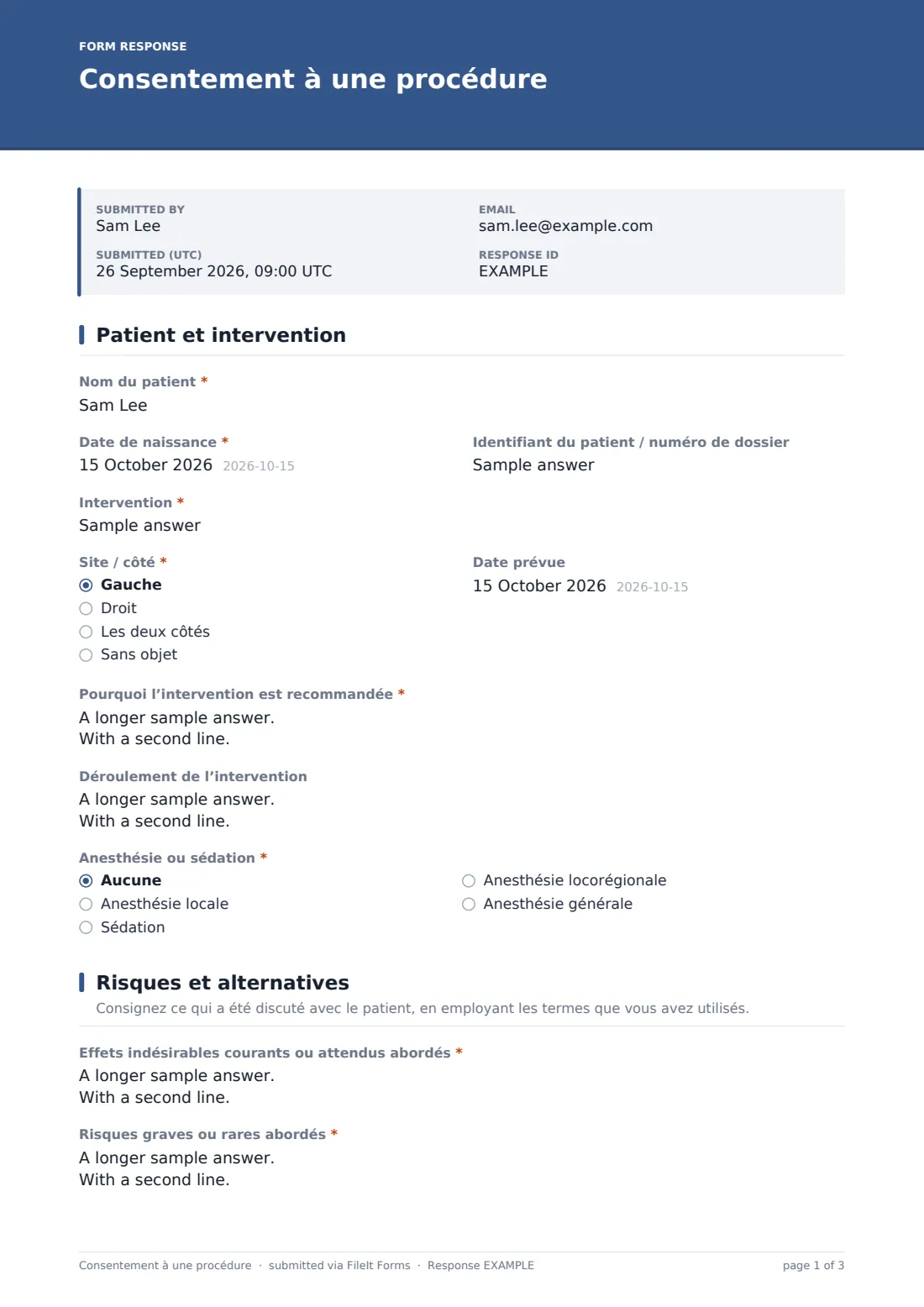 Consentement à une procédure — exemple de réponse au format PDF, page 1 sur 3