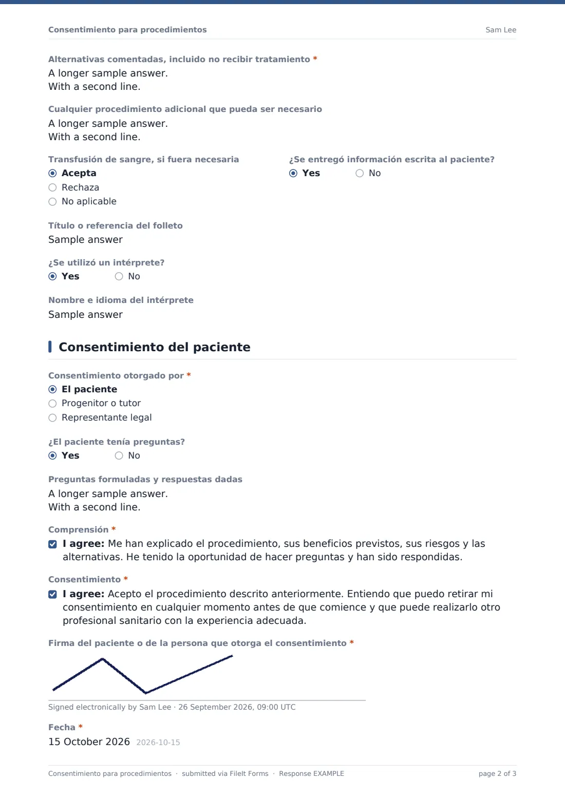 Consentimiento para procedimientos — PDF de respuesta de ejemplo, página 2 de 3