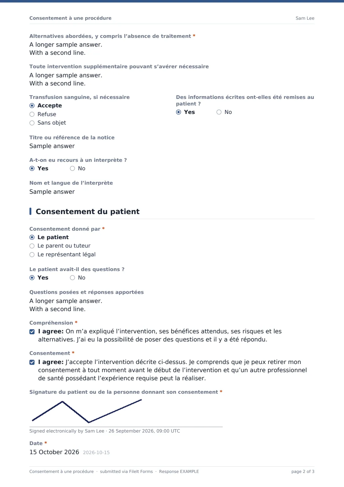 Consentement à une procédure — exemple de réponse au format PDF, page 2 sur 3