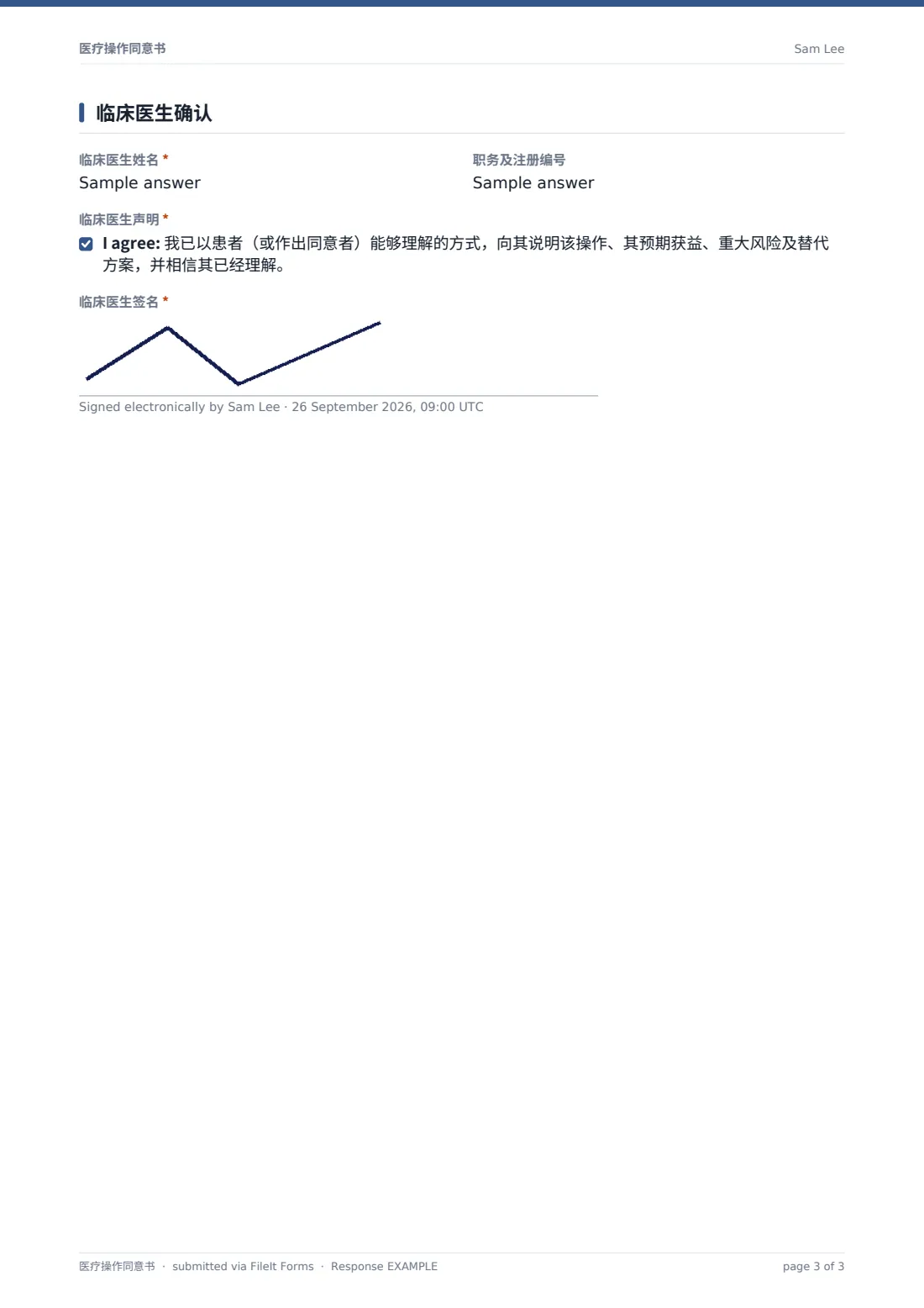 医疗操作同意书 — 示例回复 PDF，第 3 页，共 3 页