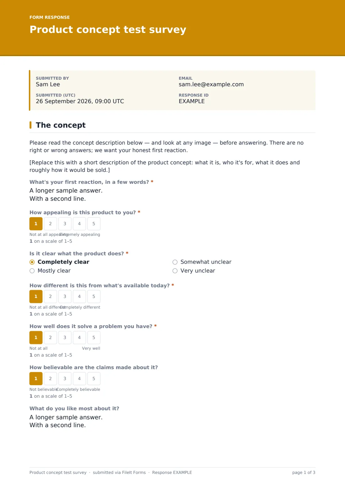 Product concept test survey — example response PDF, page 1 of 3
