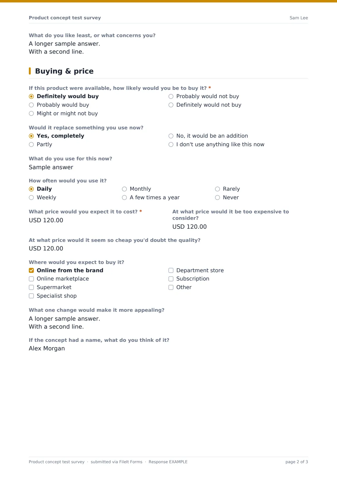 Product concept test survey — example response PDF, page 2 of 3