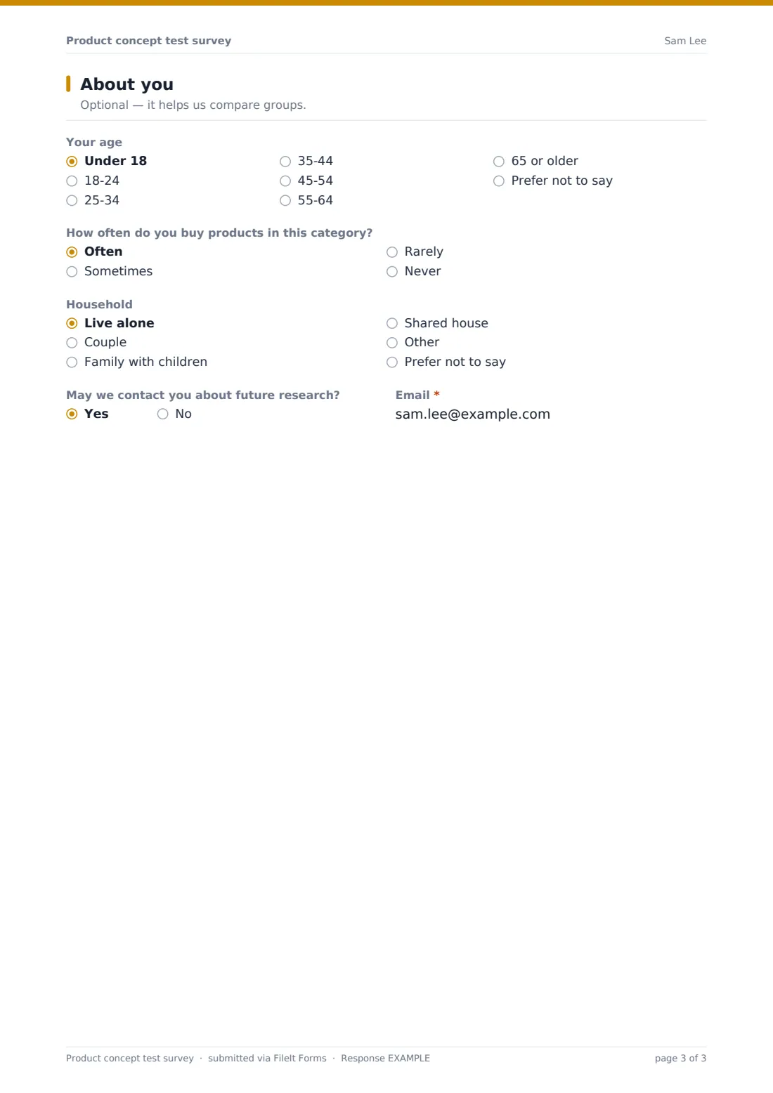 Product concept test survey — example response PDF, page 3 of 3