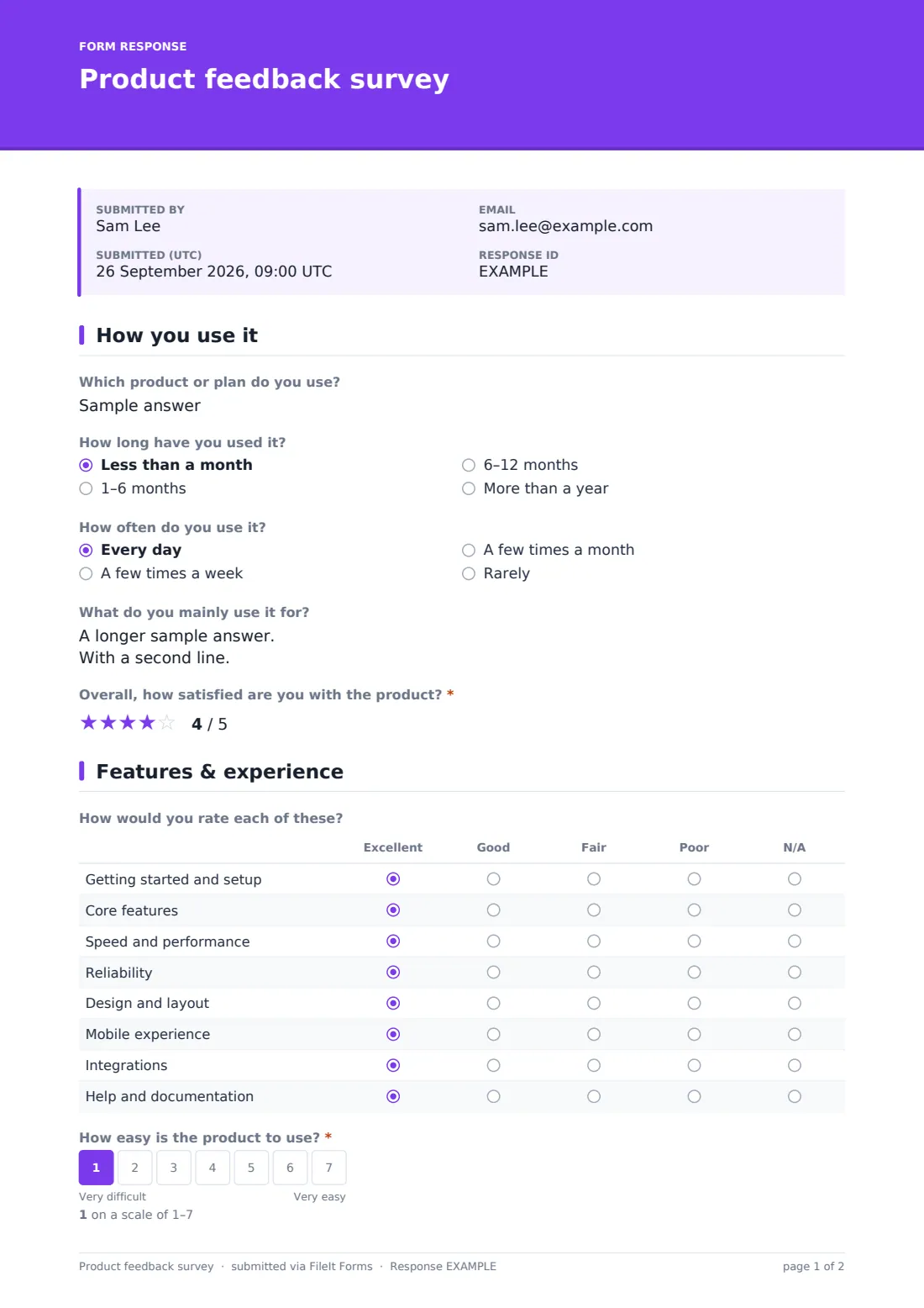 Product feedback survey — example response PDF, page 1 of 2