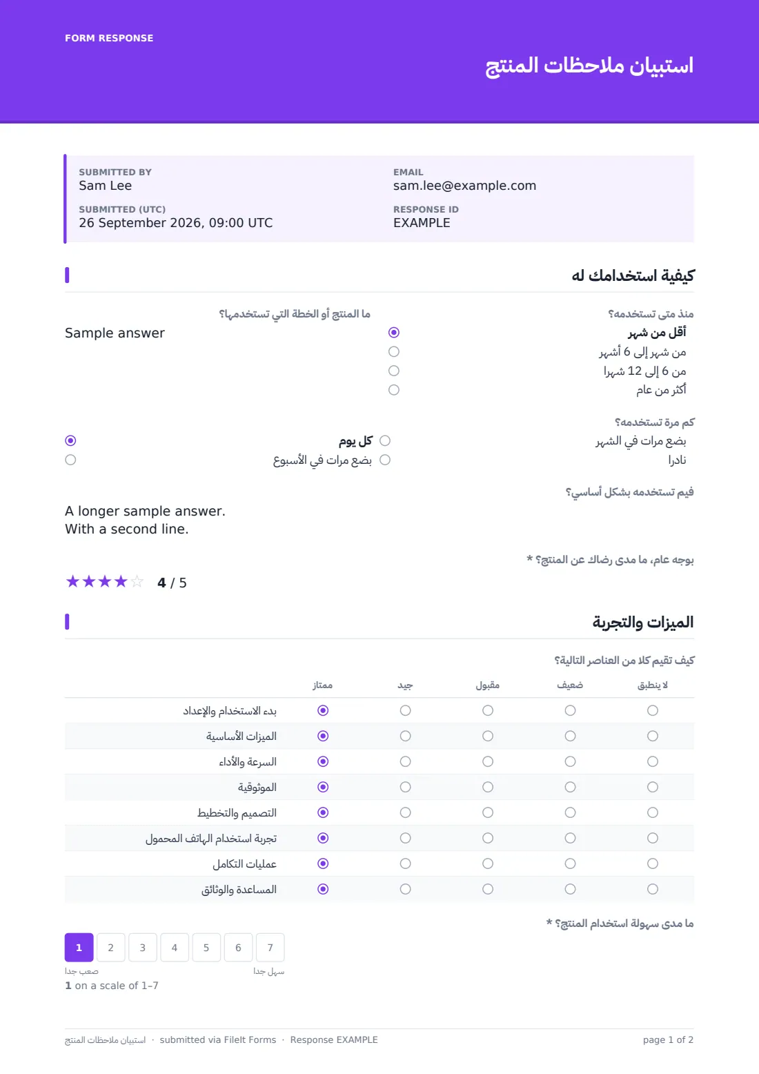 استبيان ملاحظات المنتج — ملف PDF لرد نموذجي، الصفحة 1 من 2