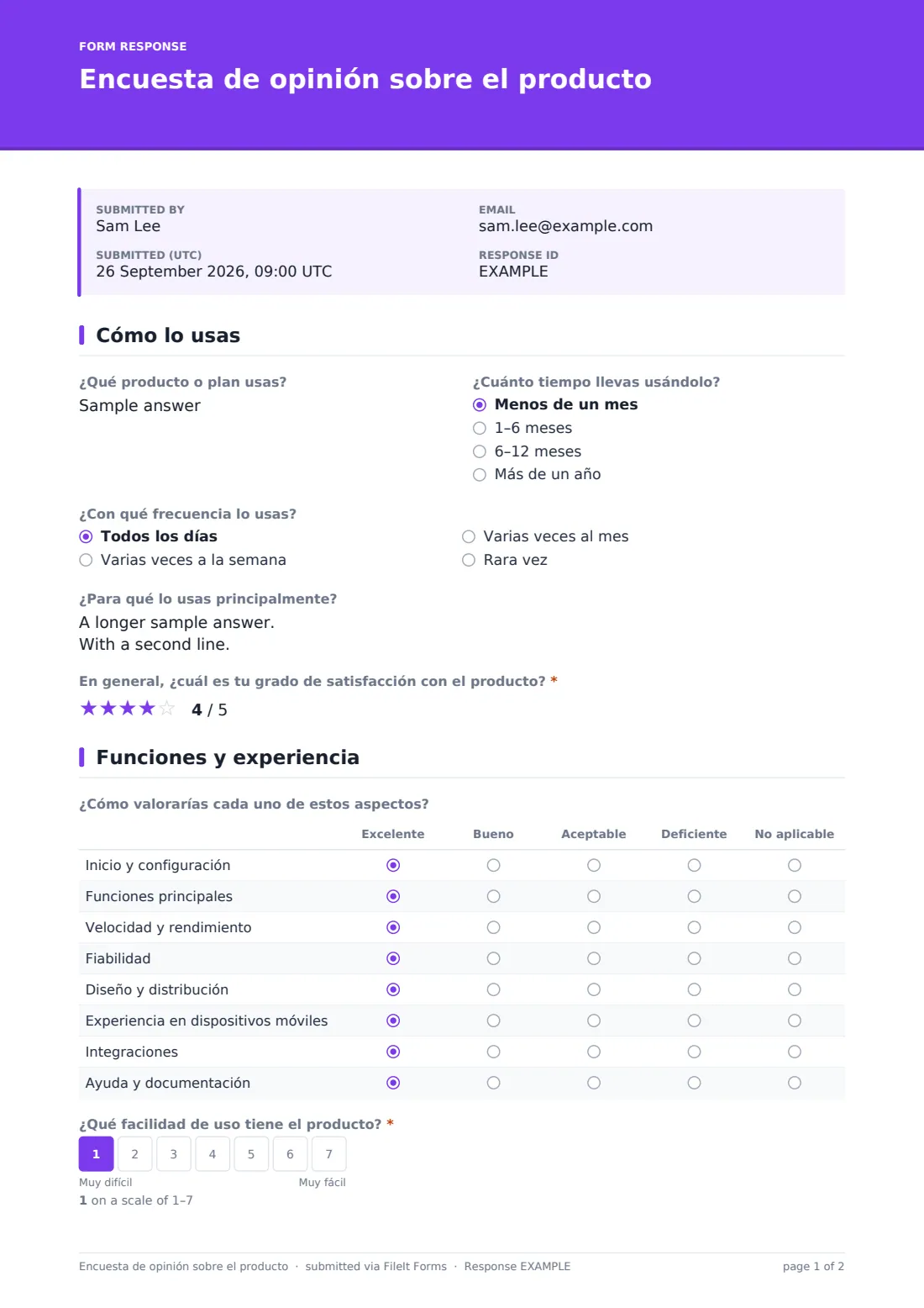 Encuesta de opinión sobre el producto — PDF de respuesta de ejemplo, página 1 de 2