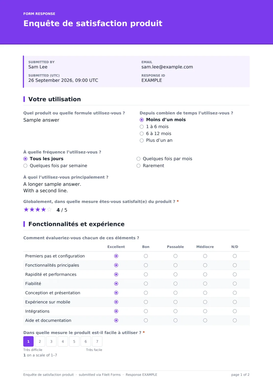 Enquête de satisfaction produit — exemple de réponse au format PDF, page 1 sur 2