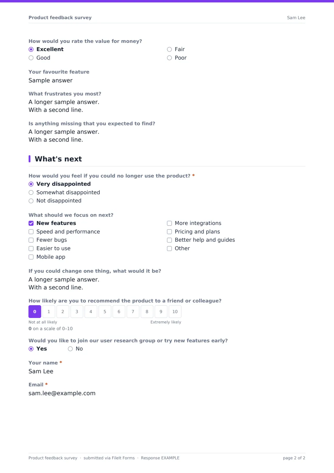 Product feedback survey — example response PDF, page 2 of 2