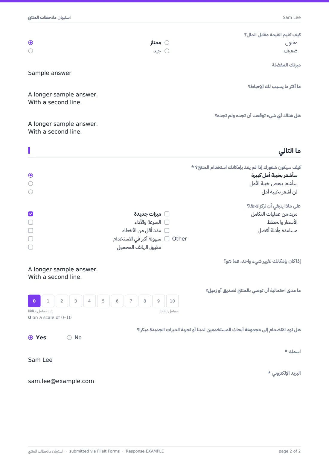 استبيان ملاحظات المنتج — ملف PDF لرد نموذجي، الصفحة 2 من 2