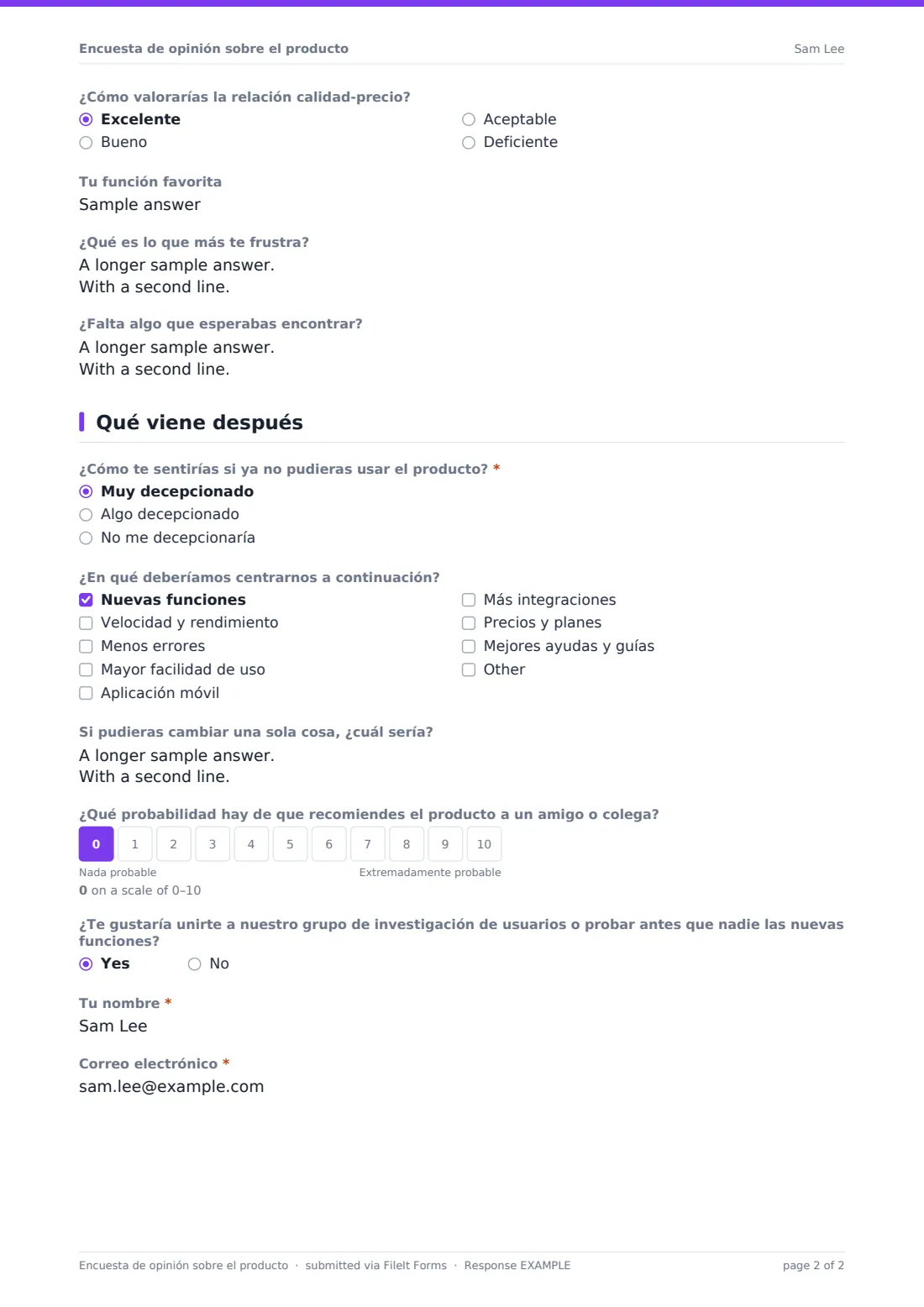 Encuesta de opinión sobre el producto — PDF de respuesta de ejemplo, página 2 de 2