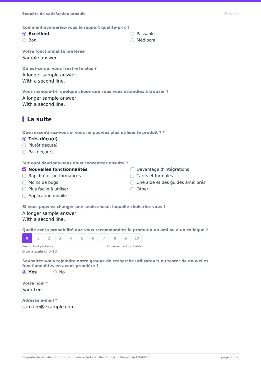 Enquête de satisfaction produit — exemple de réponse au format PDF, page 2 sur 2