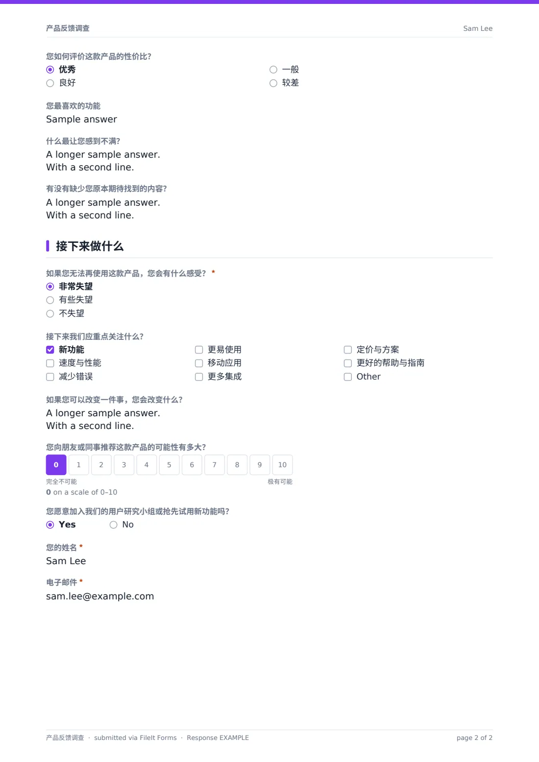 产品反馈调查 — 示例回复 PDF，第 2 页，共 2 页