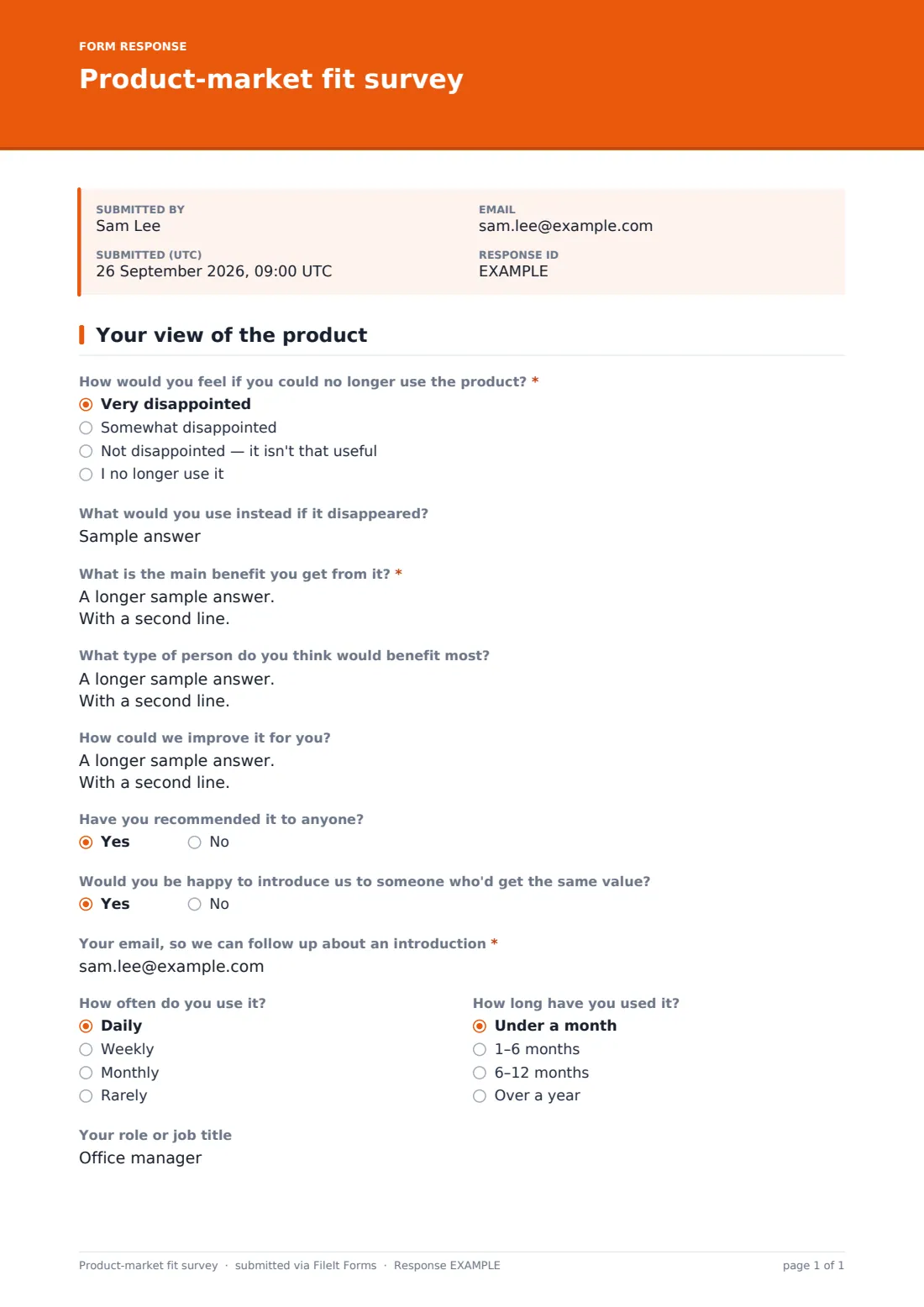 Product-market fit survey — example response PDF, page 1 of 1