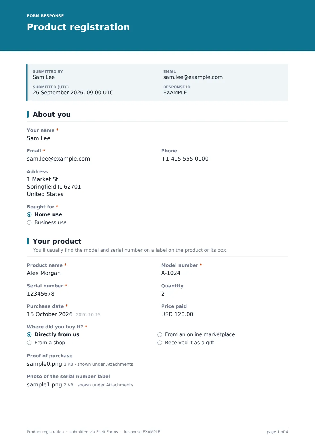 Product registration — example response PDF, page 1 of 4