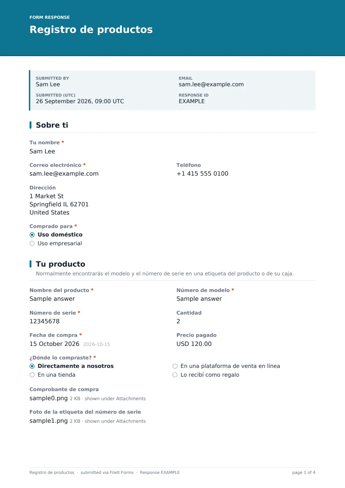 Registro de productos — PDF de respuesta de ejemplo, página 1 de 4