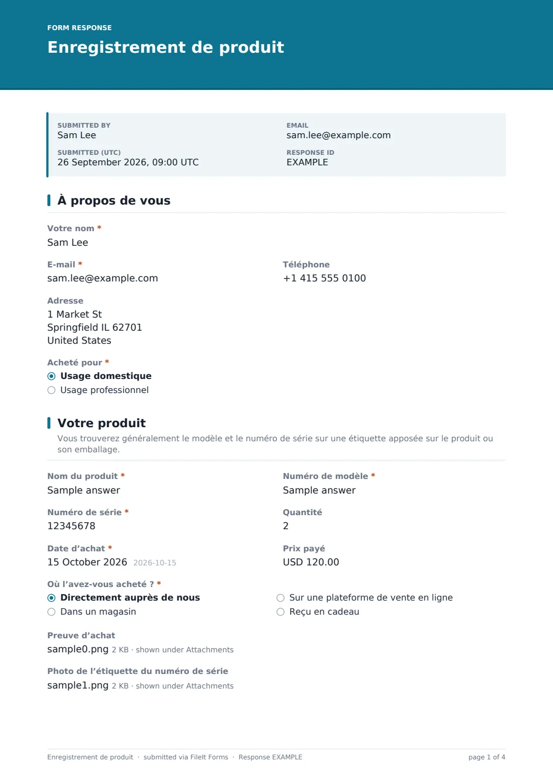 Enregistrement de produit — exemple de réponse au format PDF, page 1 sur 4