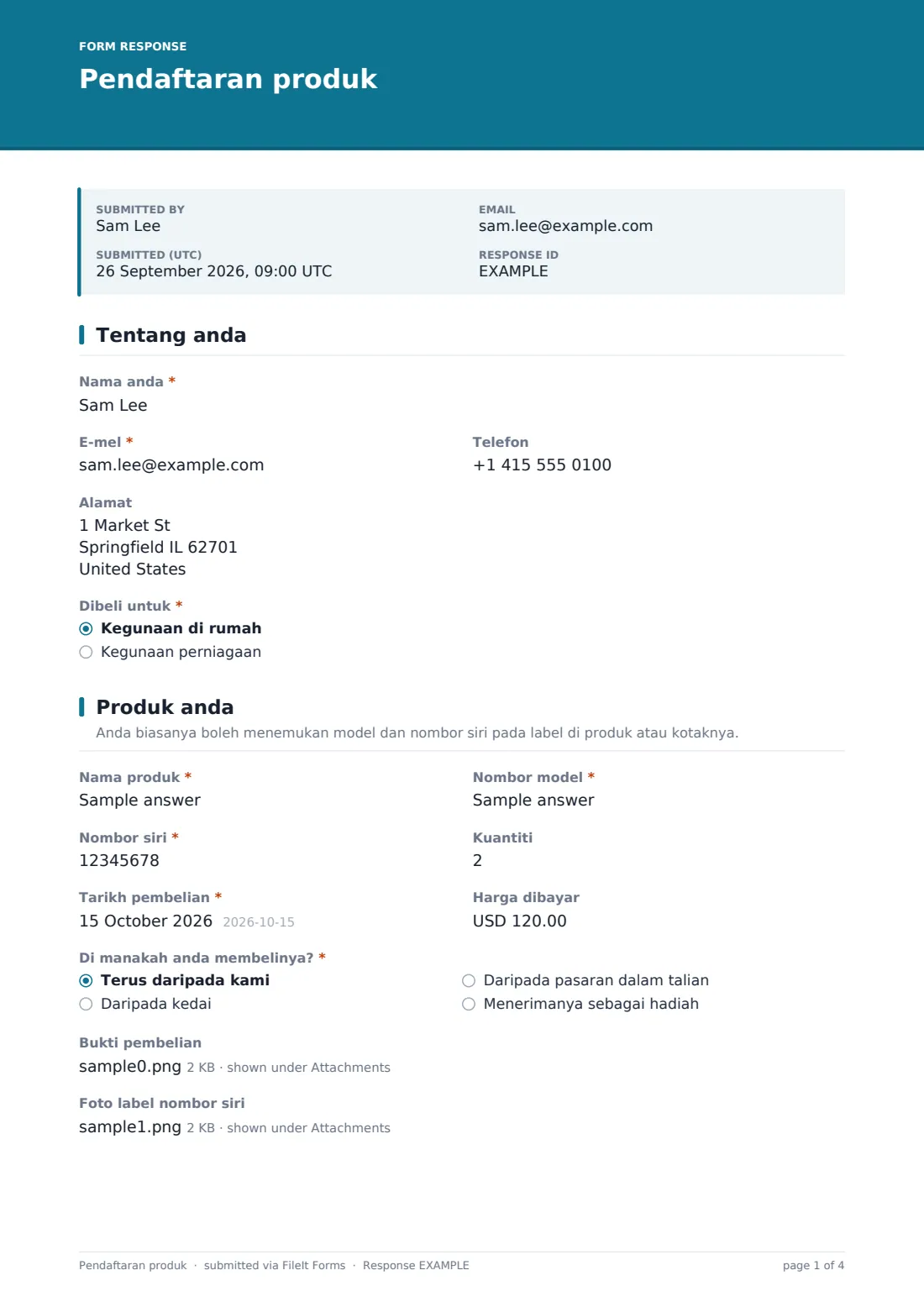 Pendaftaran produk — PDF respons contoh, halaman 1 daripada 4