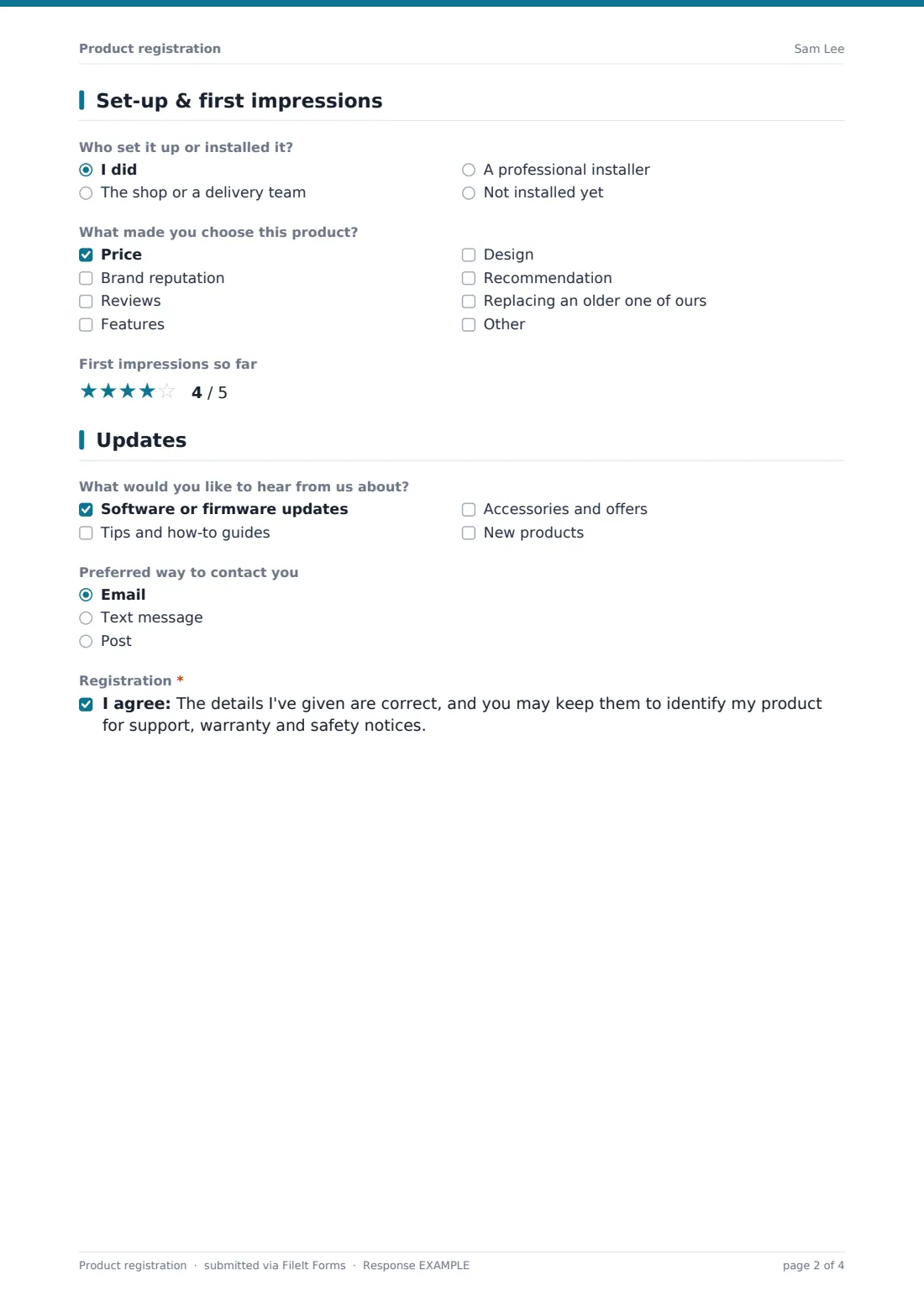 Product registration — example response PDF, page 2 of 4