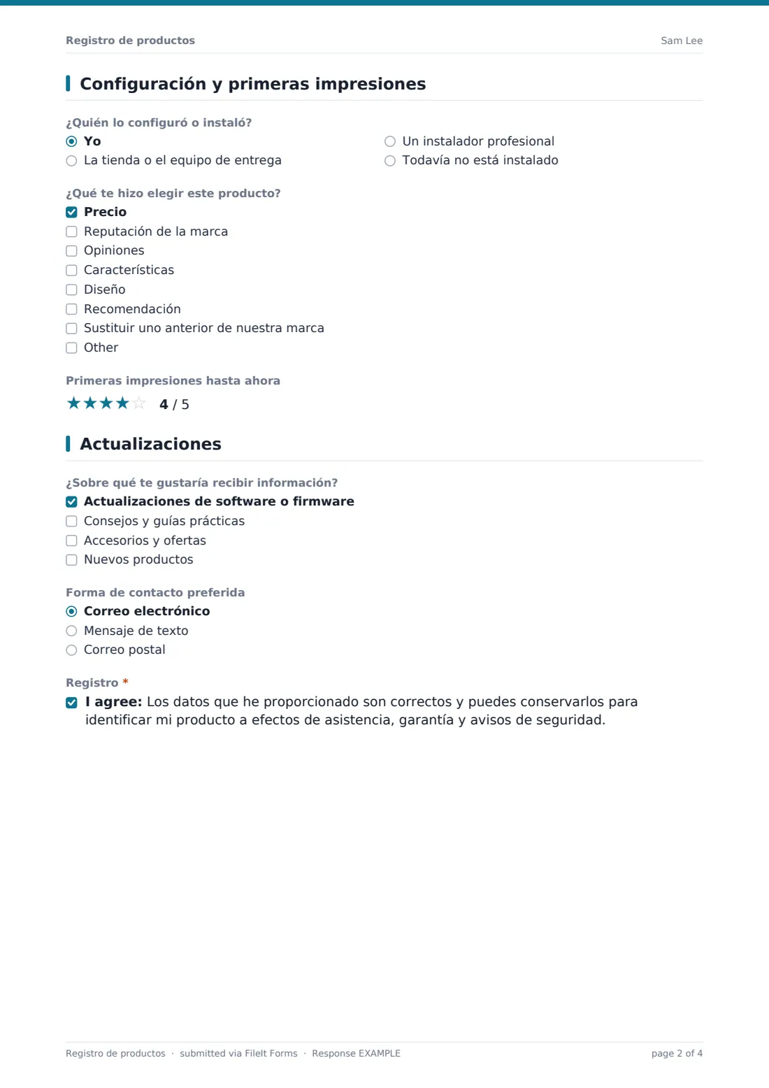 Registro de productos — PDF de respuesta de ejemplo, página 2 de 4